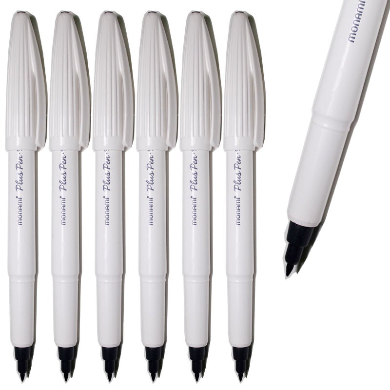 Monami Plus Felt Tip Fine Liner Pen - White Body - Black - Pack of 12 - Image 2